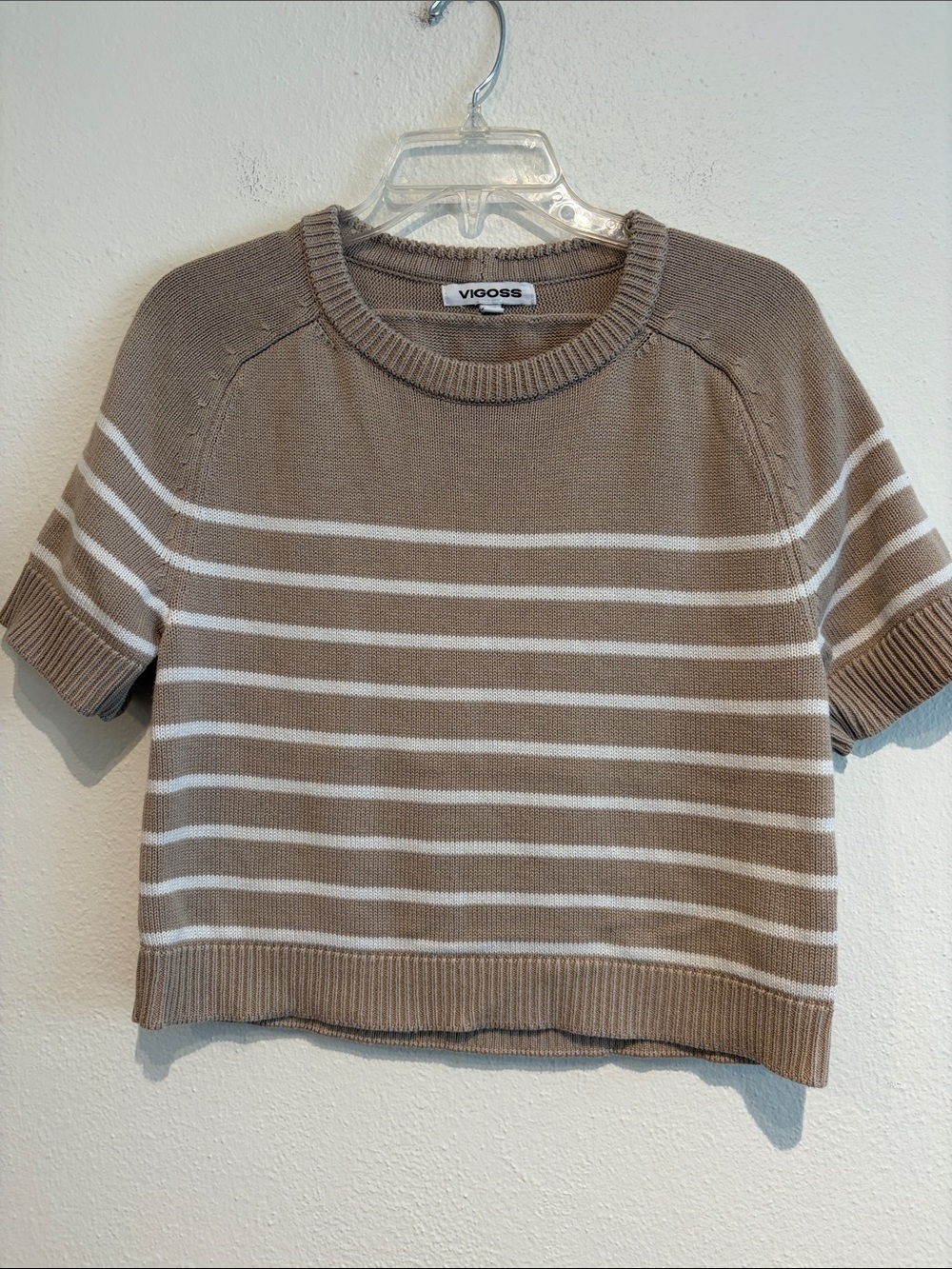 Vigoss Nautical Taupe and White Striped Short Sleeve Crew Sweater